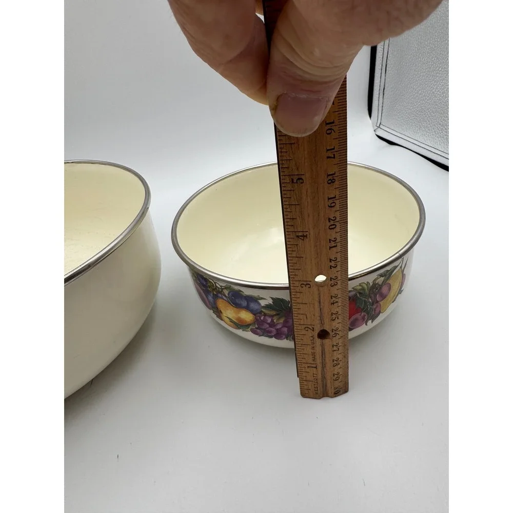 Vintage Cornucopia Enamel Nesting Mixing Bowls Set of 2 Fruit Pattern Cream 8.5